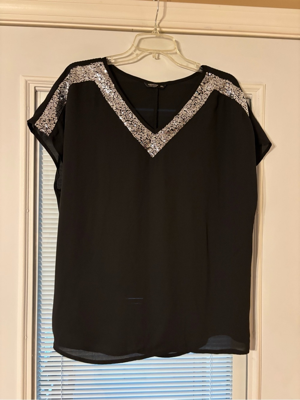 SHEIN Black V-Neck Sequin Trim Blouse